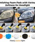 Polishing Foam Pads for Headlight restoration showing before and after results using Ultimate 317 Piece Sanding Disc Kit.
