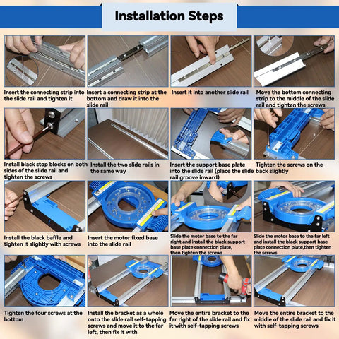 Installation steps for Flat Sled System with adjustable setup for home DIY woodworking, fitting wood slabs up to 28 inches.