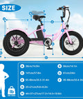 16 Inch Electric Tricycle for Teens, 250W 3 Wheel Bike with Lightweight 6061 Aluminum Frame, Low Step-Through Design, Safety Certified for Quality and Easy Riding size chart side view in pink