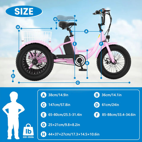 16 Inch Electric Tricycle for Teens, 250W 3 Wheel Bike with Lightweight 6061 Aluminum Frame, Low Step-Through Design, Safety Certified for Quality and Easy Riding size chart side view in pink