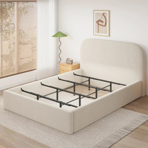 Heavy Duty Bed Slats Center Support System Featuring Tough As Nails Steel Cross Rails in a queen bed frame for anti-sag support.