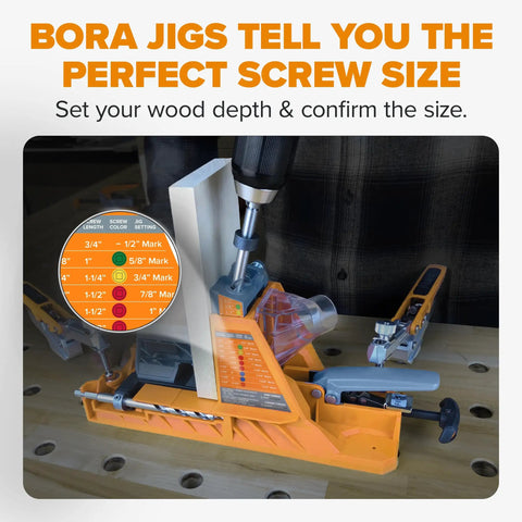 Pro Level Automatic Pocket Hole Jig Kit With Self Calibrating Drill Guide And Fifty Rustproof Screws showing adjustable wood depth settings.