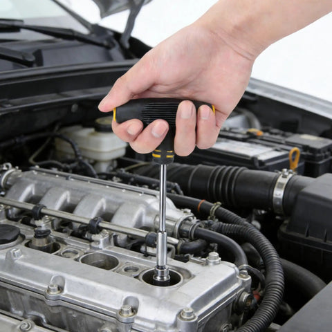 Person using screwdriver from 57 Piece Home Tool Kit With Durable Plastic Toolbox For Quick Home Repairs And DIY Projects on car engine