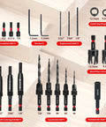 EZARC Countersink Drill Bit Set, 22‑pc wood kit with self‑centering bits and plug cutters, 1/4 in hex shank