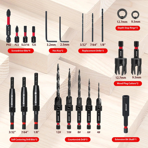 EZARC Countersink Drill Bit Set, 22‑pc wood kit with self‑centering bits and plug cutters, 1/4 in hex shank