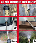 6 In 1 Pressure Washer Nozzle Tips With Quick Change showing spray angles 0, 15, 25, 40 degrees, soap and rinse modes in action.