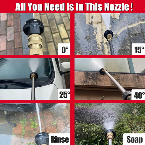 6 In 1 Pressure Washer Nozzle Tips With Quick Change showing spray angles 0, 15, 25, 40 degrees, soap and rinse modes in action.
