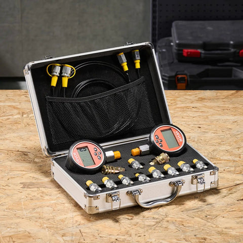 Digital Hydraulic Pressure Test Kit With Dual Gauge 0 To 10000 PSI Manometer Tester Includes Nine Test Couplings