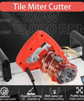 Rock Solid 1200 Watt Electric Tile Bevel Cutter With 43 Degree Angled Setup And Integrated Water Cooling Adjusts Slab Thickness And Knocks Out Ceramic Porcelain Edges Like Butter Includes Twin Diamond Blades close-up of motor and controls.