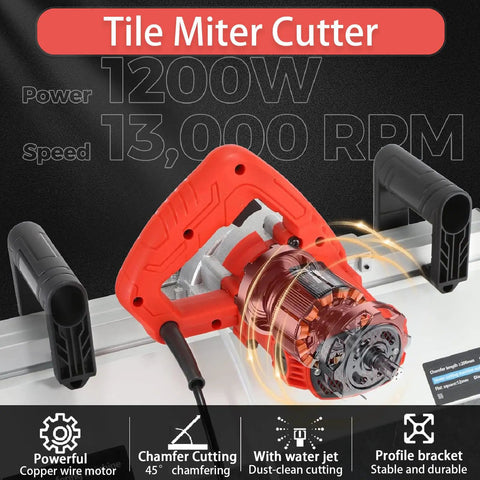Rock Solid 1200 Watt Electric Tile Bevel Cutter With 43 Degree Angled Setup And Integrated Water Cooling Adjusts Slab Thickness And Knocks Out Ceramic Porcelain Edges Like Butter Includes Twin Diamond Blades close-up of motor and controls.