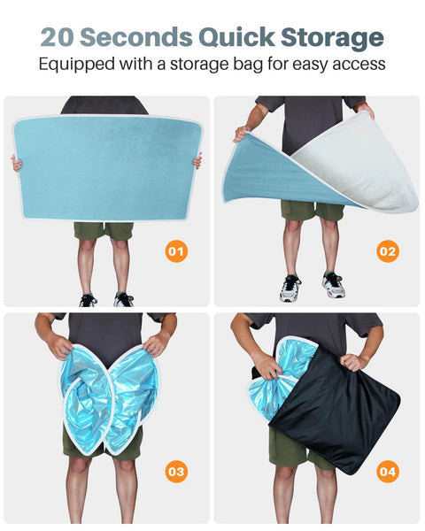 Tesla Model Y blue magnetic sunshade, 2-piece set with honeycomb nano-ceramic roof film, shown unfolded and stored