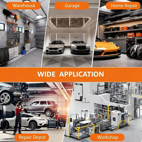 Collage showing various applications of Heavy-Duty 12 Ton H Frame Shop Press in warehouse, garage, home repair, repair depot, and workshop.