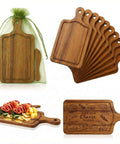 10-piece square acacia wooden charcuterie boards with handles; includes engraved cheese platter and organza bags.