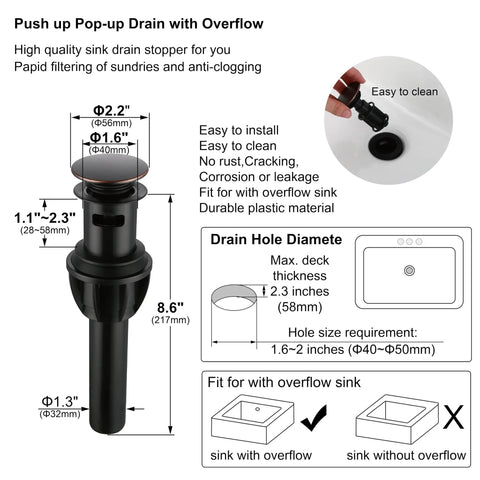 Diagram of sink pop-up drain with overflow, dimensions, and installation guidance for Oil Rubbed Bronze Centerset Bathroom Faucet