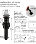 Diagram of oil rubbed bronze pop-up drain assembly with dimensions and overflow compatibility details for bathroom sinks.
