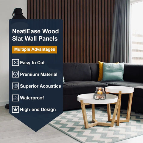Premium Acoustic Wood Slat Wall Panels with Sound Absorbing Properties for Noise Reduction Rustic Walnut Wood Slat Panels for Interior Wall Decor, featured in a modern living room setting.