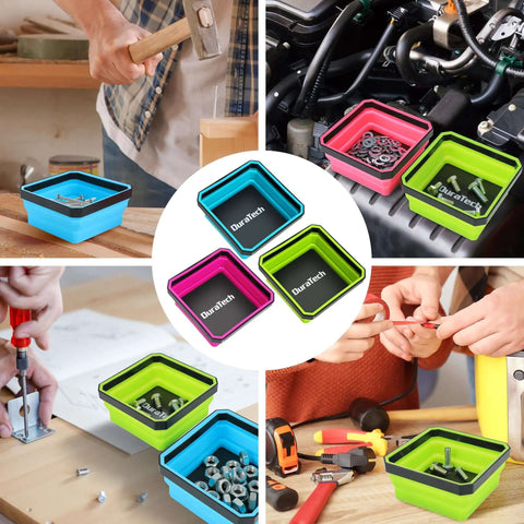 Magnetic Foldable Parts Tray Set, 3 Pack Collapsible Silicone Tool Trays With Double Sided Magnetic Base holding hardware.