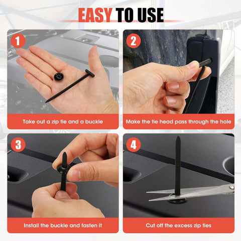 Step-by-step use of 100 Piece Upgraded Nylon Cable Tie Buckle Universal Heavy Duty Self Locking Fasteners Kit in automotive repairs.