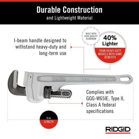 Pro Grade Aluminum 12 Inch Straight Pipe Wrench, Lightweight Plumbing Wrench With I Beam Handle, Floating Forged Hook Jaw, Self Cleaning Threads, Quick Adjust, Durable Silver Finish
