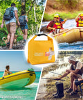 Waterproof Boat First Aid Kit In A Roll Top Dry Bag For Kayak Fishing And Outdoor Adventures Marine Survival Emergency Medical Supplies You Can Count On shown with hikers, rafters, boaters, and fishermen.