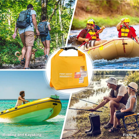 Waterproof Boat First Aid Kit In A Roll Top Dry Bag For Kayak Fishing And Outdoor Adventures Marine Survival Emergency Medical Supplies You Can Count On shown with hikers, rafters, boaters, and fishermen.