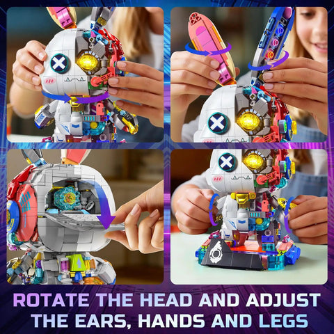 Cyberpunk Bunny Building Set With 1377 Pieces Lighting LED Eyes Exposed Gears And Lit Parts Create A Futuristic Robo Rabbit Model Kit For Kids Aged 8 To 12 With Multi Joint Flexible Head Ears Hands And Feet. Adjustable head and ears