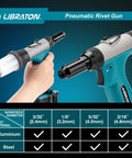 Beefy Heavy Duty Pneumatic Rivet Gun Kit With Self Suction Design shown with aluminum and steel material options in various sizes.