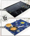 Abstract Blue Glowing Moon Stove Top Cover Protector For Electric And Induction Cooktops displaying before and after cleanliness.
