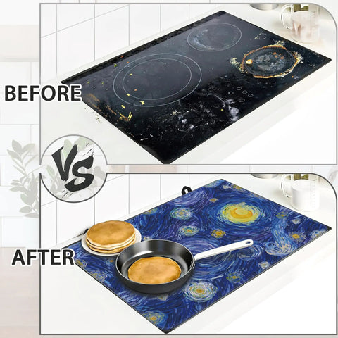 Abstract Blue Glowing Moon Stove Top Cover Protector For Electric And Induction Cooktops displaying before and after cleanliness.