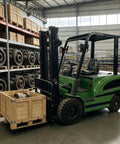 Electric Warehouse Forklift Workhorse For Heavy Pallet Handling And Stacking And Goods Movement Battery Powered Lift Truck For Inventory Transport In Industrial Settings In Tight Aisles And Busy Warehouses, green electric forklift moving a wooden crate in a warehouse