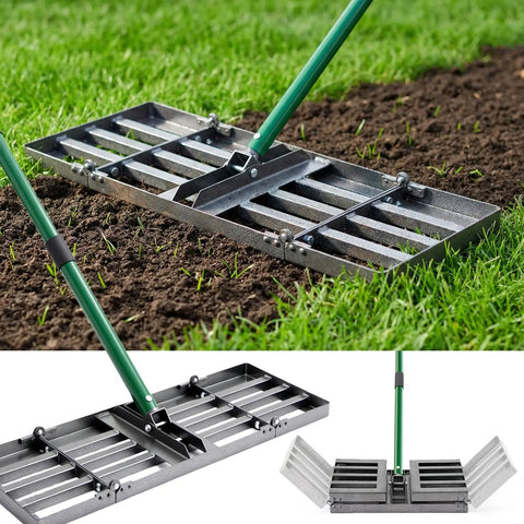 30 By 10 Inch Lawn Leveling Rake With Heavy Duty Steel Head And 33 To 77 Inch Adjustable Handle Foldable Ground Leveler shown on grass