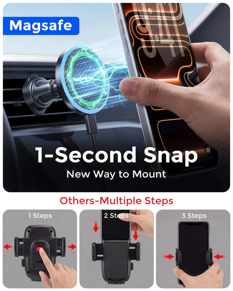 2-In-1 MagSafe Wireless Car Charger Mount With 15W Fast Charge Magnetic Phone Holder being used on a car air vent