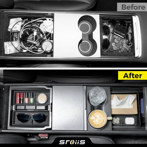 Before and after of Gen 2 Must-Have Double Layer Center Console Organizer For Tesla Model Y in use, showcasing organization