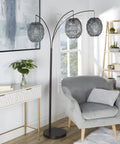 Three Light Metal Floor Lamp With Gray Rope Shade In Black Finish Large Boho Style Metal Lamp For Living Room Or Bedroom