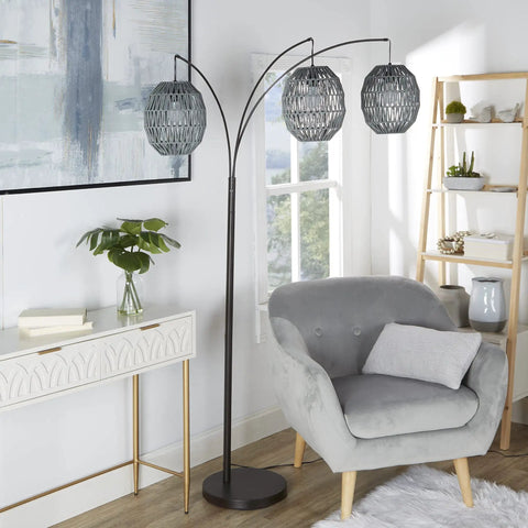 Three Light Metal Floor Lamp With Gray Rope Shade In Black Finish Large Boho Style Metal Lamp For Living Room Or Bedroom