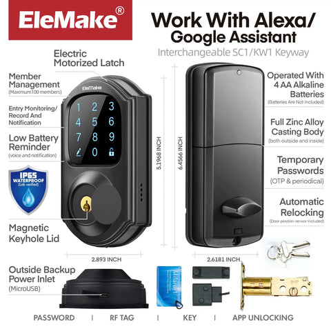 Smart Deadbolt Door Lock With WiFi Connection Digital Touchscreen Bluetooth 2.4 GHz Black Finish Works With Alexa And Google Home