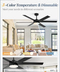 56 Inch Ceiling Fan With Lights And Remote Reversible 6 Blade DC Motor Dimmable 3000K To 6000K LED Outdoor Patio Ready Ceiling Fan Black Finish With Two Tone Blades Large Modern Ceiling Fan in a living room setting