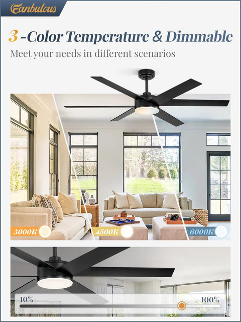 56 Inch Ceiling Fan With Lights And Remote Reversible 6 Blade DC Motor Dimmable 3000K To 6000K LED Outdoor Patio Ready Ceiling Fan Black Finish With Two Tone Blades Large Modern Ceiling Fan in a living room setting