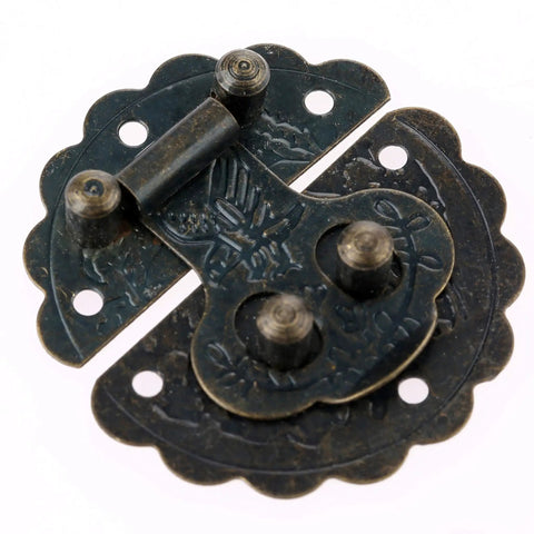 Close-up of Antique Brass Hasp Lock For Vintage Boxes And Jewelry Boxes, 40mm Iron Door Latch With Screws, scalloped edges