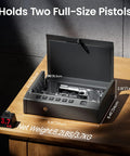 Ready To Go Eight Point Two Pound Heavy Duty Biometric Gun Safe With Quick Access Pistol Safe and open lid on table