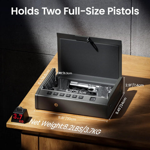 Ready To Go Eight Point Two Pound Heavy Duty Biometric Gun Safe With Quick Access Pistol Safe and open lid on table