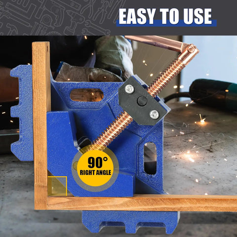 Heavy Duty 90 Degree Welding Angle Clamp 2 Pack Cast Iron Right Angle Jig For Woodworking And Metal with wood and copper detail.