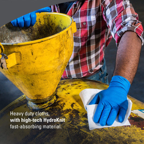 Person using X80 Heavy Duty Cloths Brag Box White Industrial Shop Towels For Oil And Water Cleanup on yellow funnel