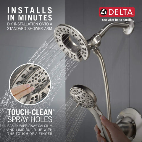Arvo 14 Series Brushed Nickel Shower Faucet Set With In2ition 2 In 1 Dual Shower Head And Handheld Spray Combo Valve Trim Kit SpotShield Stainless 142840 SP I Valve Included spraying water