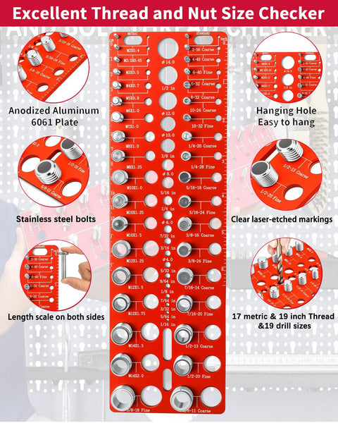 Front view of red anodized aluminum thread checker gauge plate with metric and inch thread sizes and drill gauges.