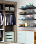 4 Pack Heavy Duty Wall Mounted Garage Shelves Set Metal Storage Racks Black Finish 23.5 Inch By 12 Inch Each loaded with folded clothes in modern closet