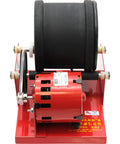Front view of AR1 Rock Tumbler Kit with One Quart Rubber Barrel that holds Three Pounds of Rocks, red base and 110V motor visible.