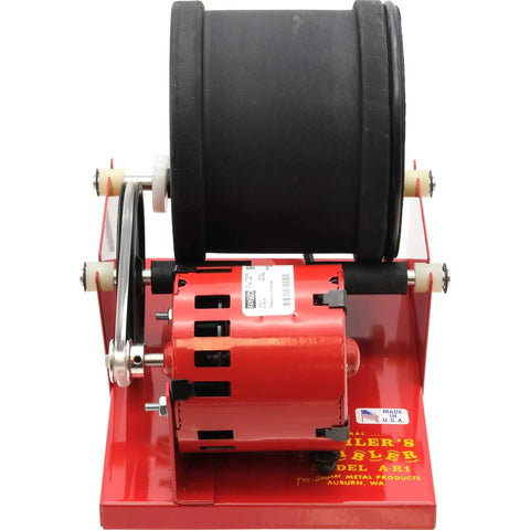 Front view of AR1 Rock Tumbler Kit with One Quart Rubber Barrel that holds Three Pounds of Rocks, red base and 110V motor visible.