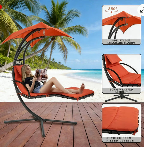 Freestanding Arc Stand Hanging Chaise Lounge Swing Chair With Curved Steel Frame For Patio Poolside Or Backyard Relaxation