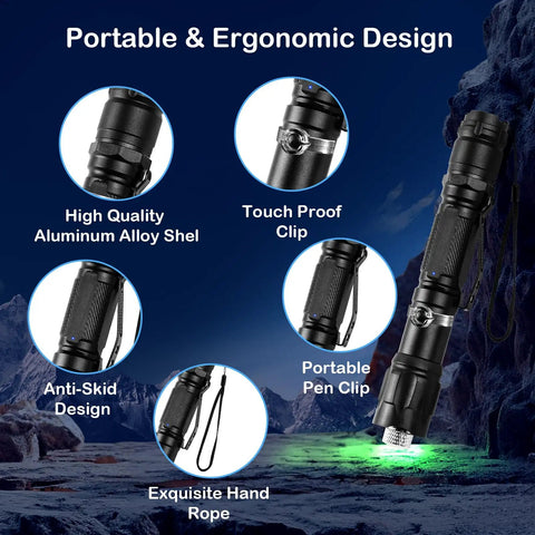 Portable Green Light Flashlight Dope Rechargeable With Long Range Adjustable Focus Tactical Beam features